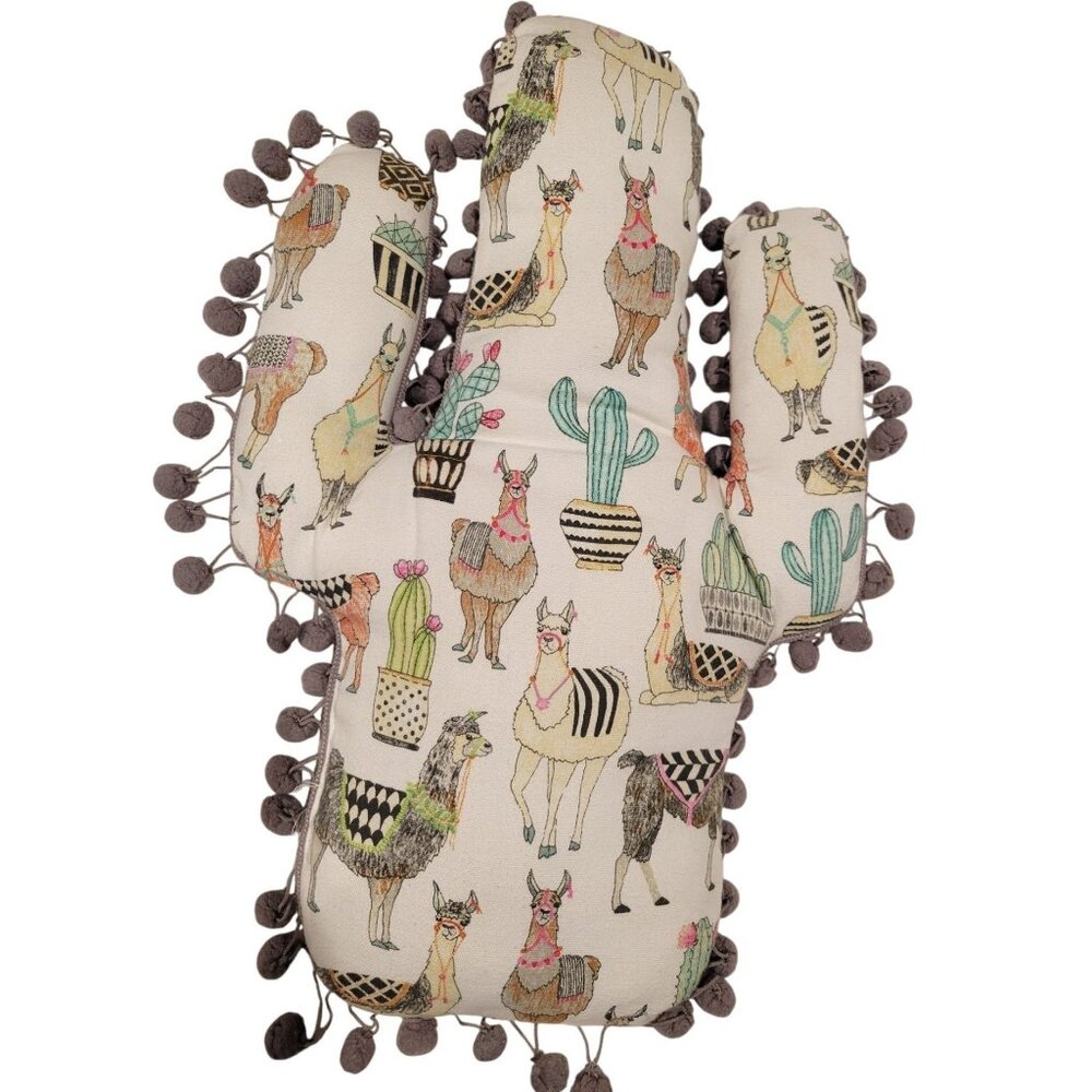 Cactus Shaped Llama & Cactus Print Pillow With Pom-Pom Trim